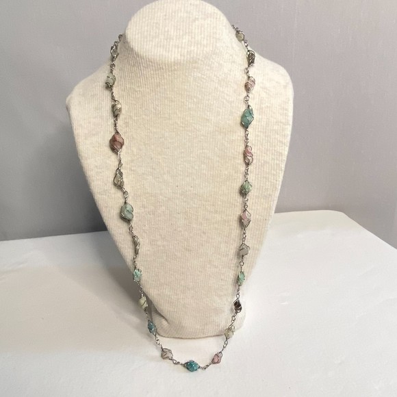 Wire Wrapped Necklace Silver Tone Multicolor Irregular Pastel Stones - Picture 1 of 5